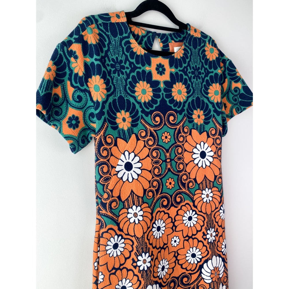 Maeve Anthropologie Floral Shift Mini Dress XS Teal Orange Hippie 70s Retro Mod - Picture 6 of 14